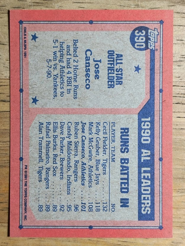 1991 Topps #390 Jose Canseco AS