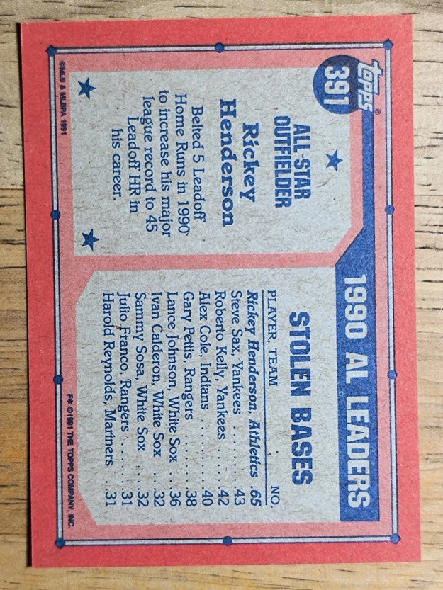 1991 Topps #391 Rickey Henderson AS