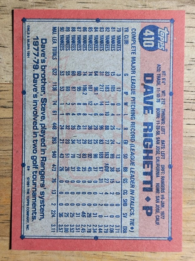 1991 Topps #410 Dave Righetti