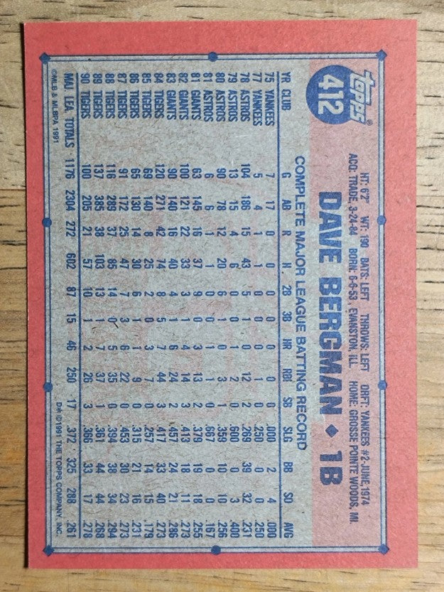 1991 Topps #412 Dave Bergman