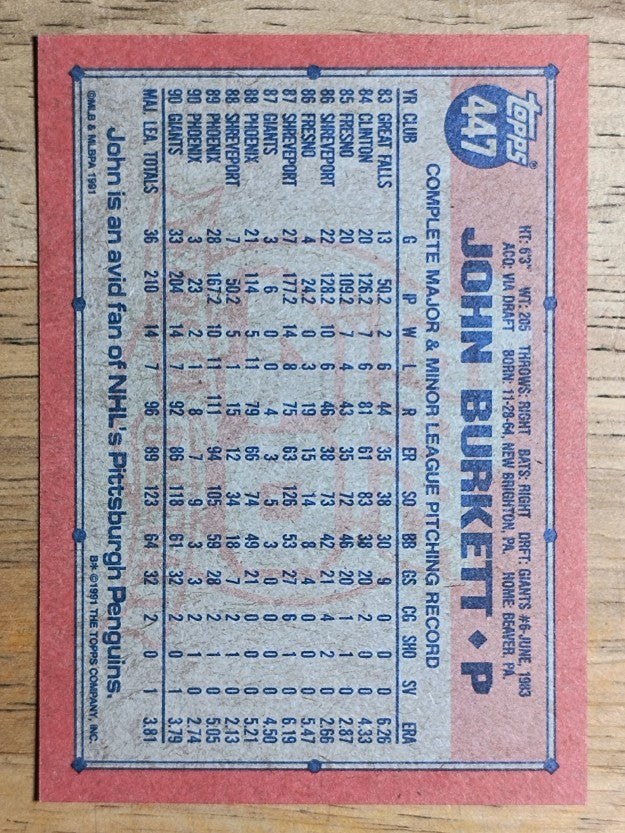 1991 Topps #447 John Burkett