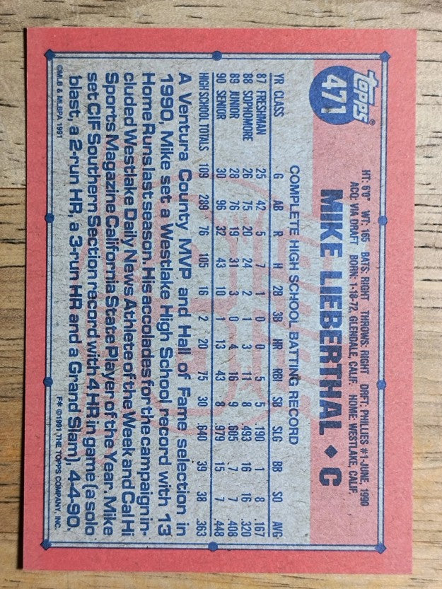 1991 Topps #471 Mike Lieberthal RC