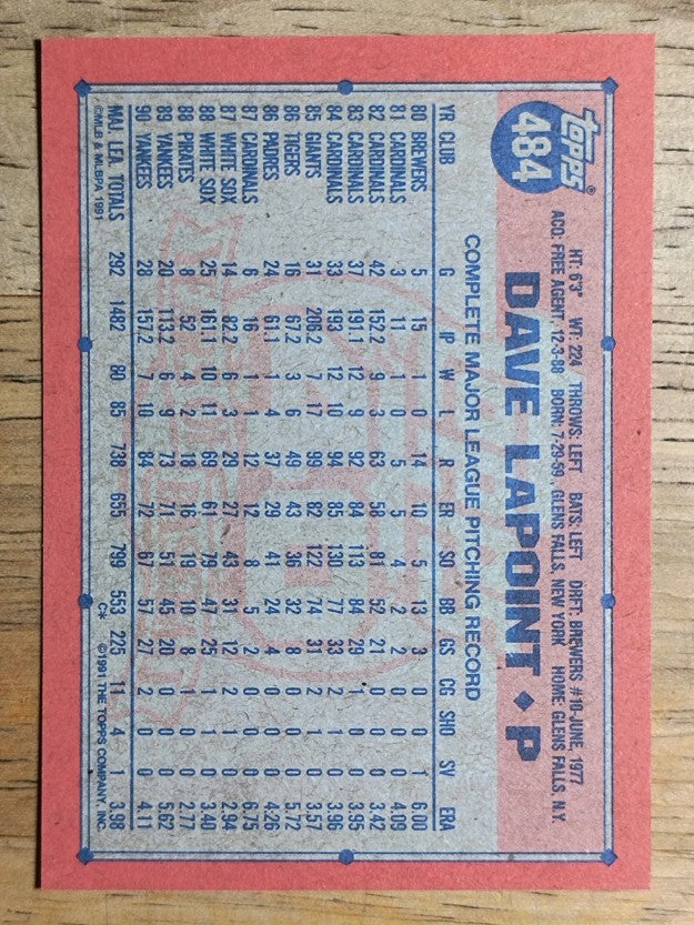 1991 Topps #484 Dave LaPoint