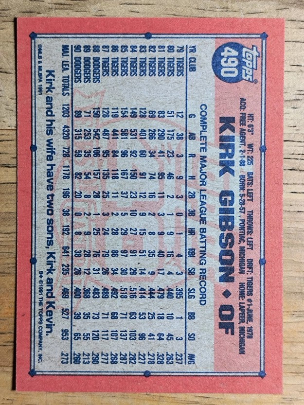 1991 Topps #490 Kirk Gibson
