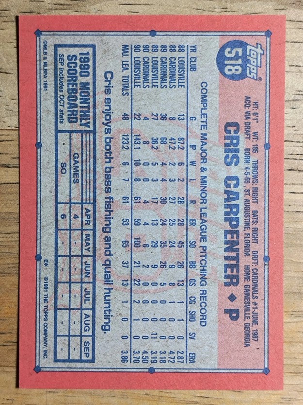 1991 Topps #518 Cris Carpenter