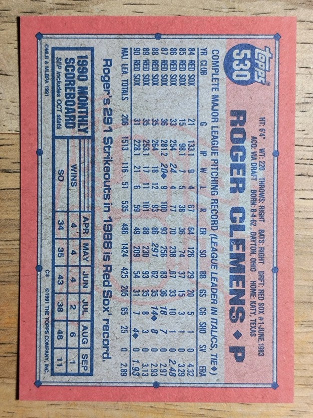 1991 Topps #530 Roger Clemens