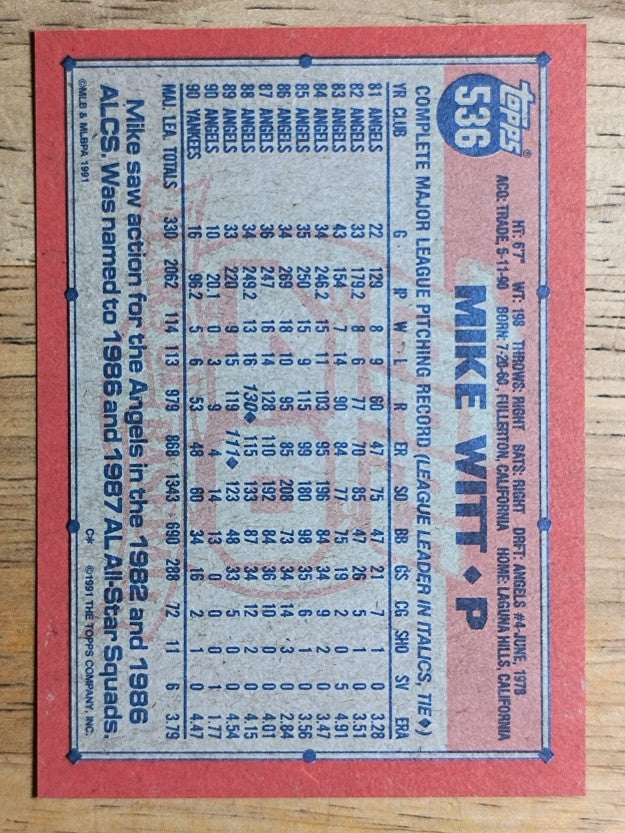 1991 Topps #536 Mike Witt