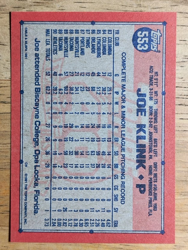 1991 Topps #553 Joe Klink
