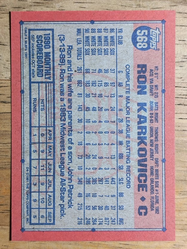 1991 Topps #568 Ron Karkovice