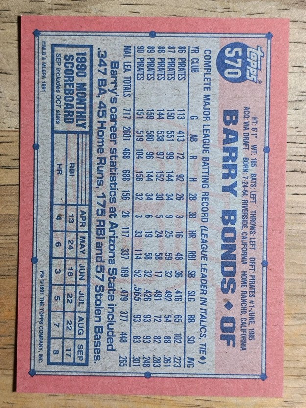 1991 Topps #570 Barry Bonds