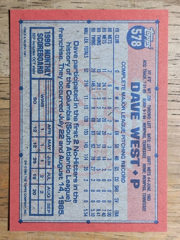 1991 Topps #578 Dave West