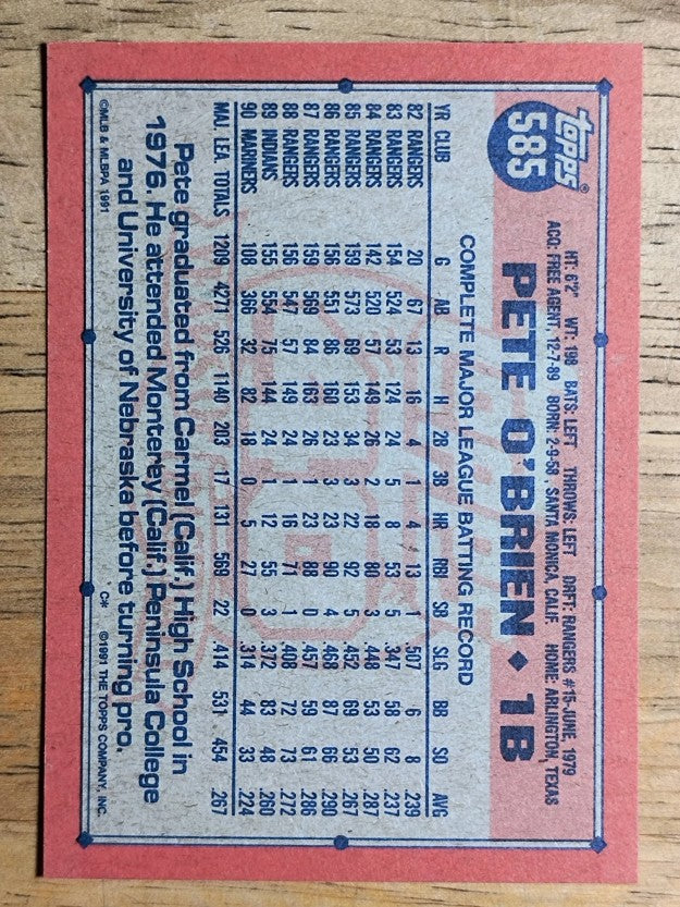 1991 Topps #585 Pete O'Brien