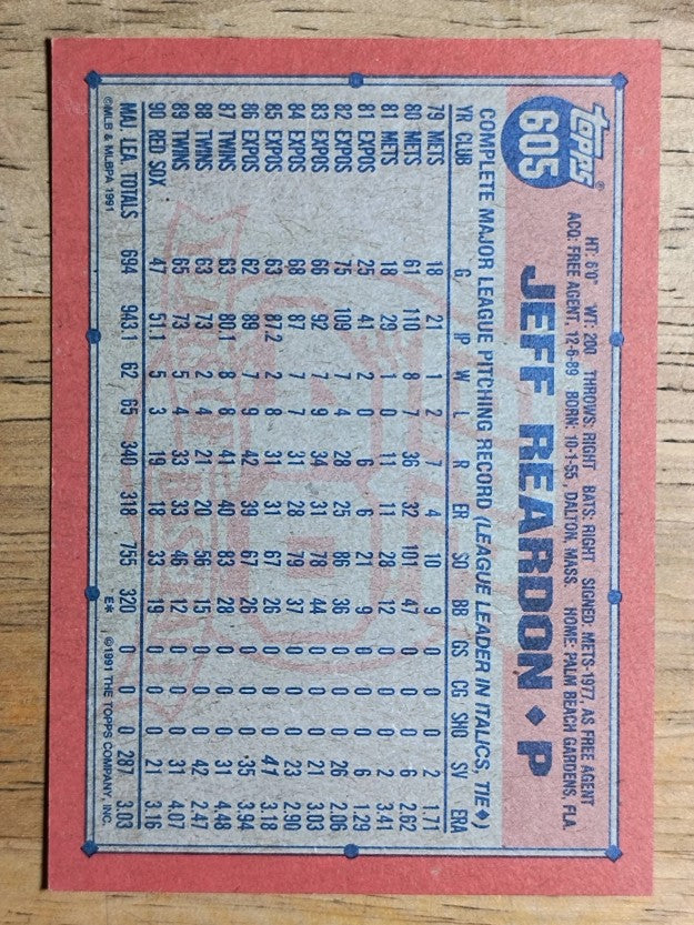 1991 Topps #605 Jeff Reardon