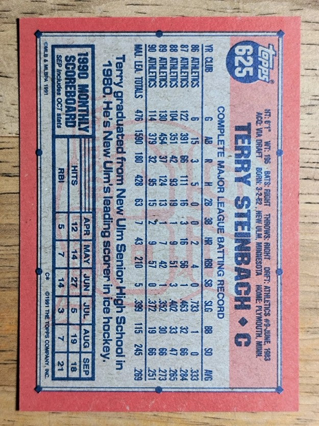 1991 Topps #625 Terry Steinbach