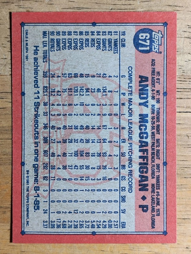 1991 Topps #671 Andy McGaffigan