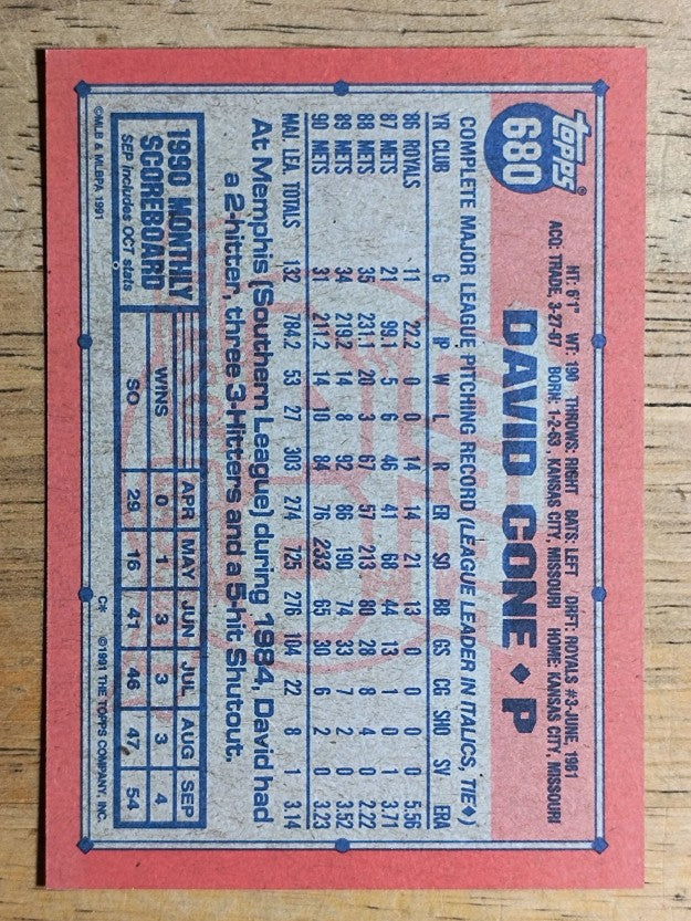 1991 Topps #680 David Cone