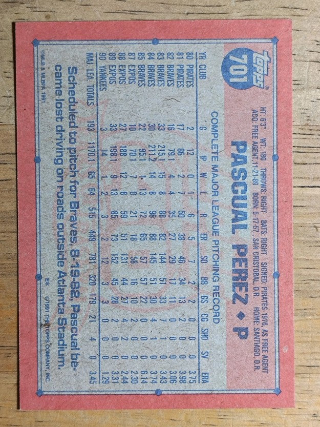 1991 Topps #701 Pascual Perez