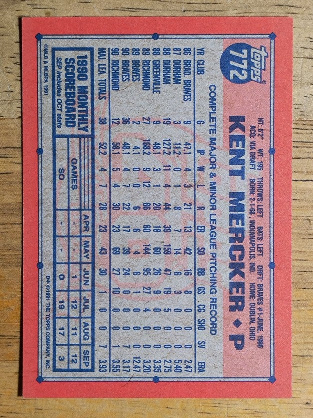 1991 Topps #772 Kent Mercker