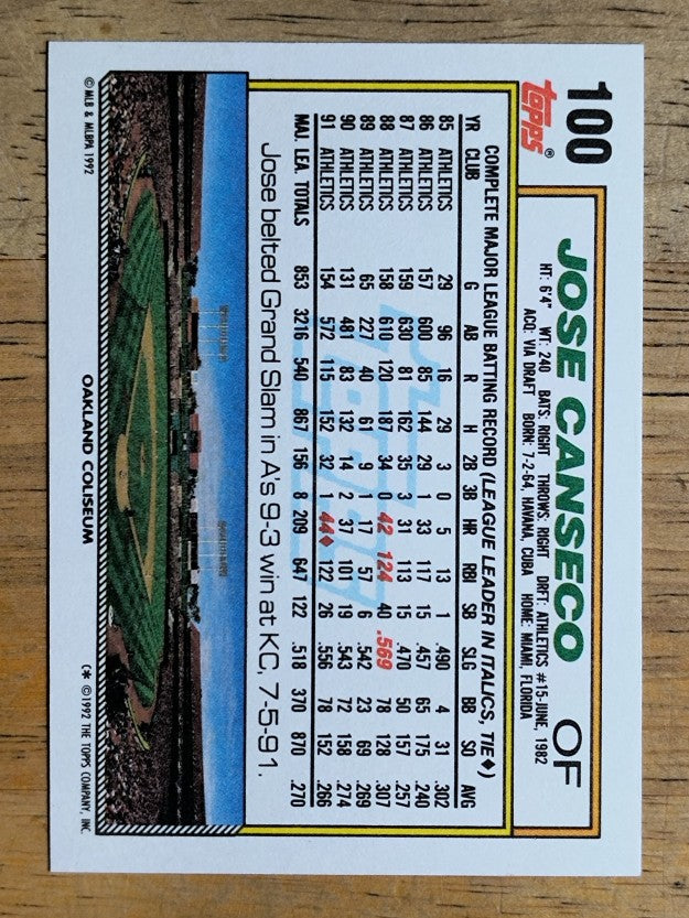 1992 Topps #100 Jose Canseco