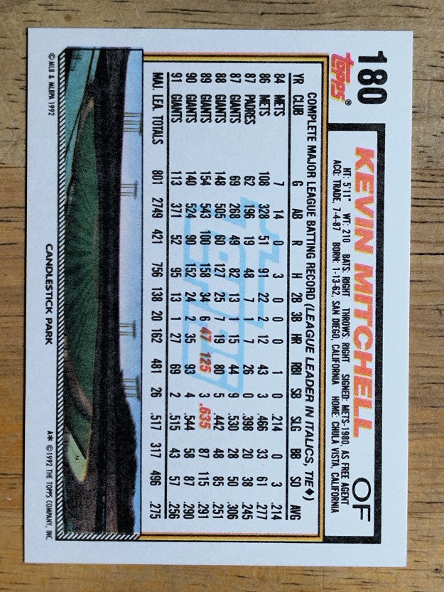 1992 Topps #180 Kevin Mitchell