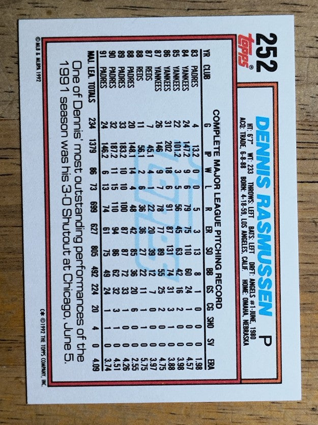 1992 Topps #252 Dennis Rasmussen