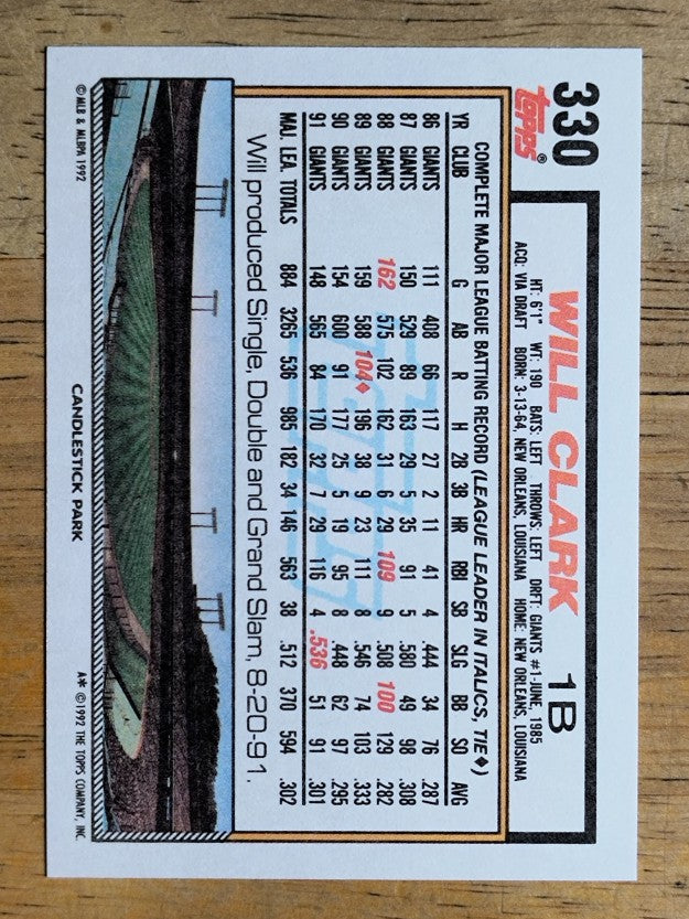 1992 Topps #330 Will Clark