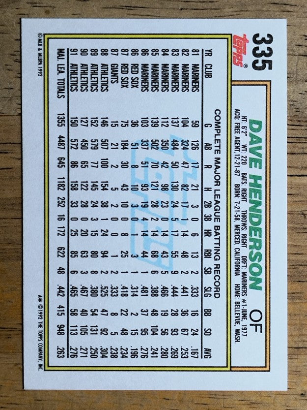 1992 Topps #335 Dave Henderson