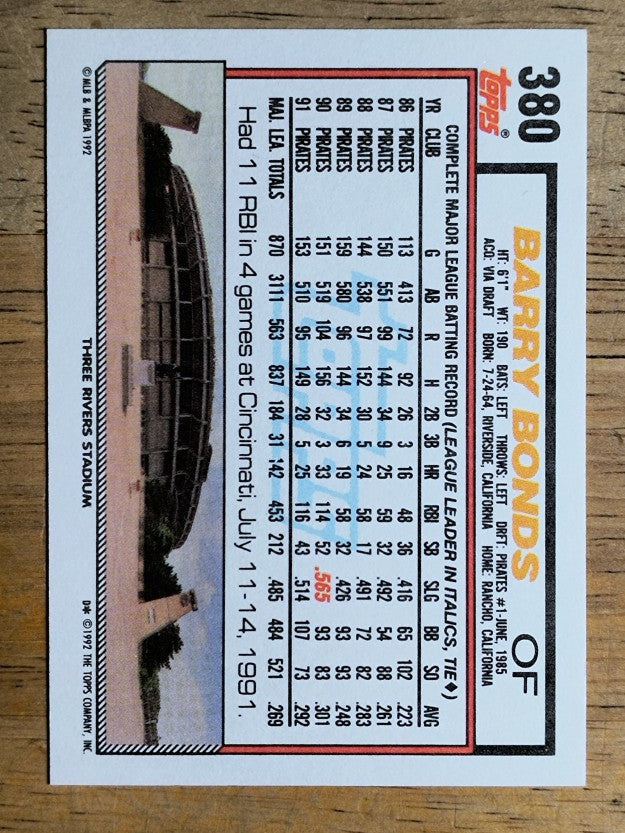 1992 Topps #380 Barry Bonds
