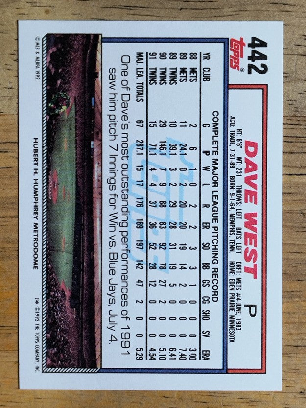 1992 Topps #442 Dave West