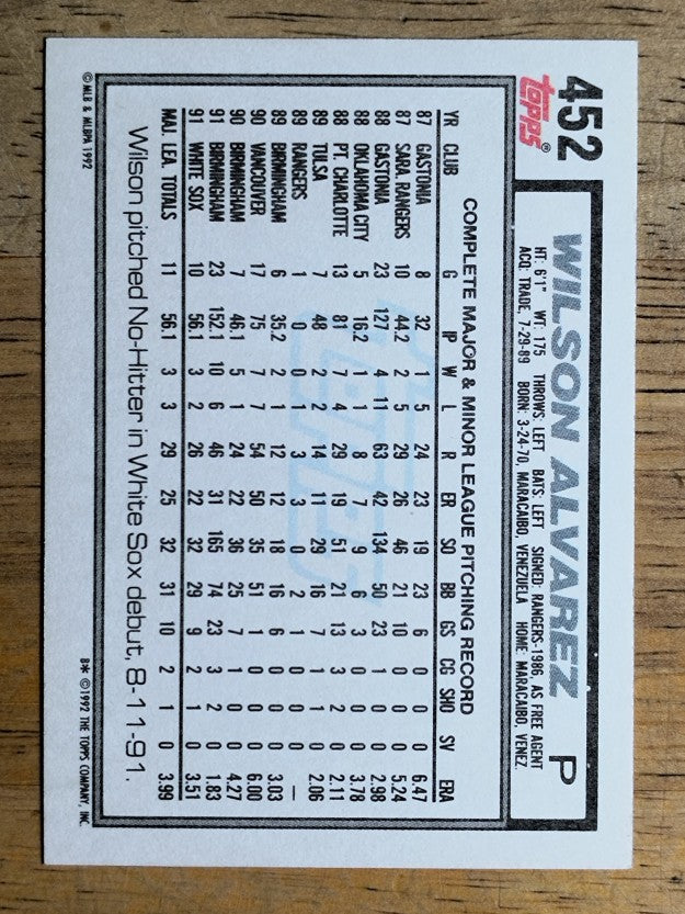 1992 Topps #452 Wilson Alvarez
