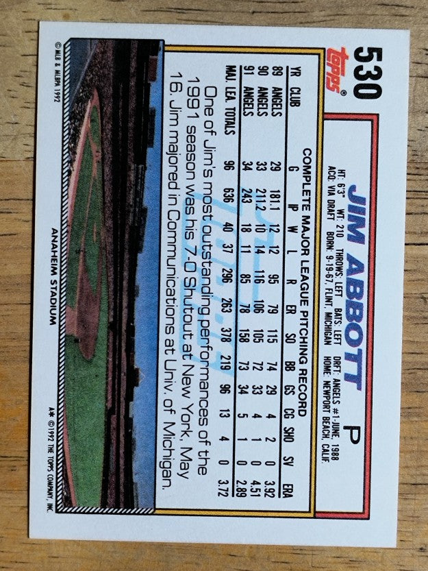 1992 Topps #530 Jim Abbott