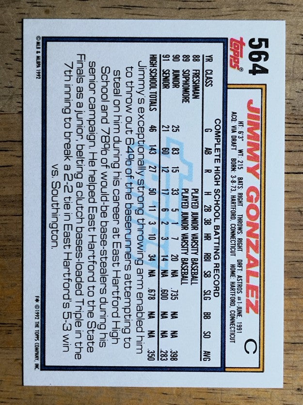 1992 Topps #564 Jimmy Gonzalez RC