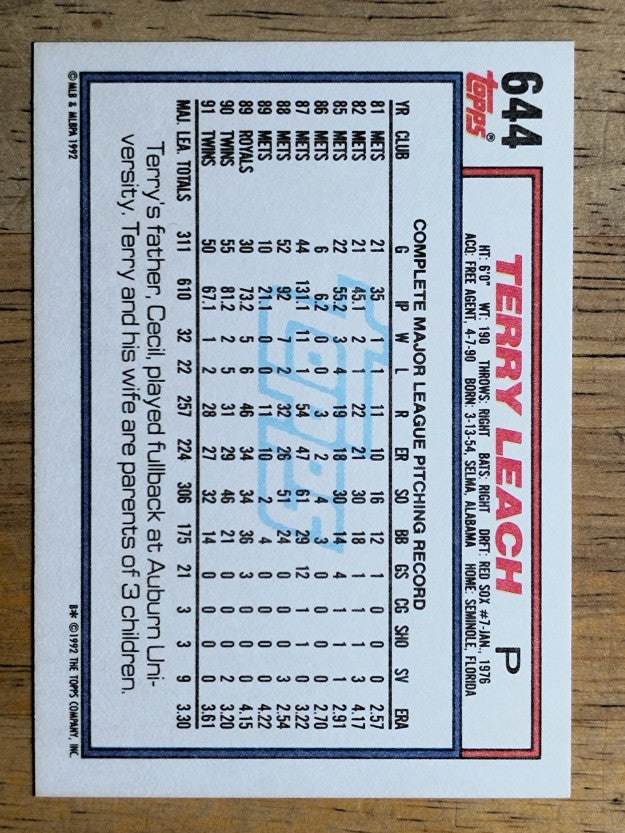 1992 Topps #644 Terry Leach