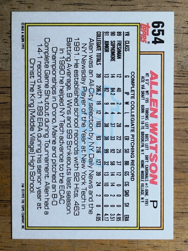 1992 Topps #654 Allen Watson RC