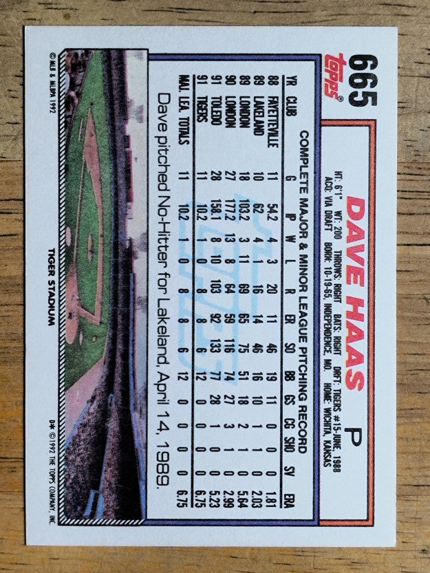1992 Topps #665 Dave Haas