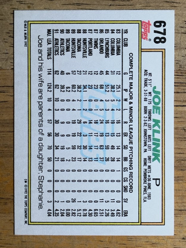 1992 Topps #678 Joe Klink