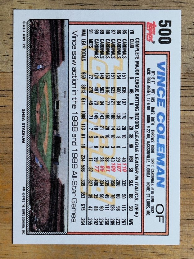 1992 Topps Gold Winners #500 Vince Coleman