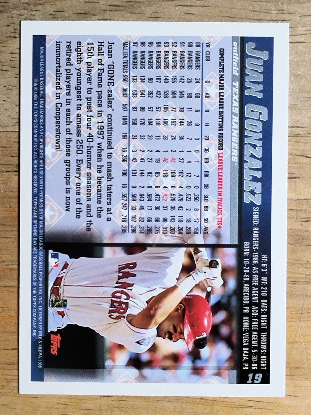 1998 Topps Opening Day #19 Juan Gonzalez