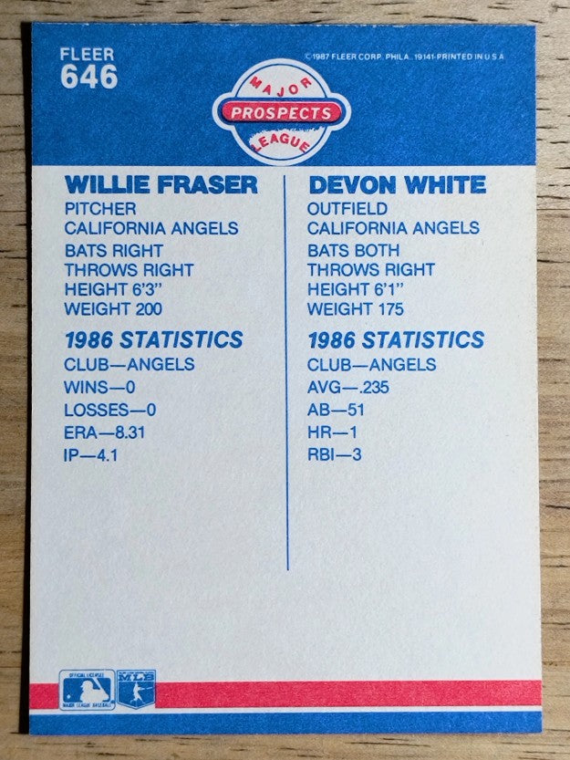 1987 Fleer #646 Devon White RC/Willie Fraser RC