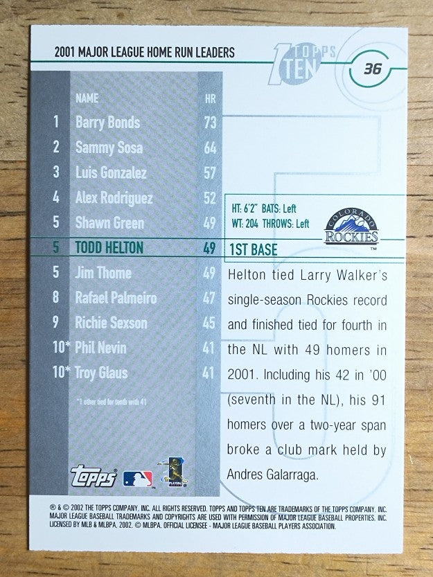 2002 Topps Ten #36 Todd Helton HR