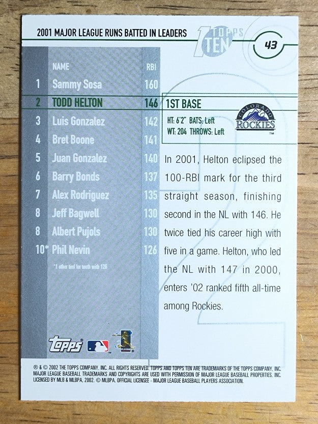 2002 Topps Ten #43 Todd Helton RBI