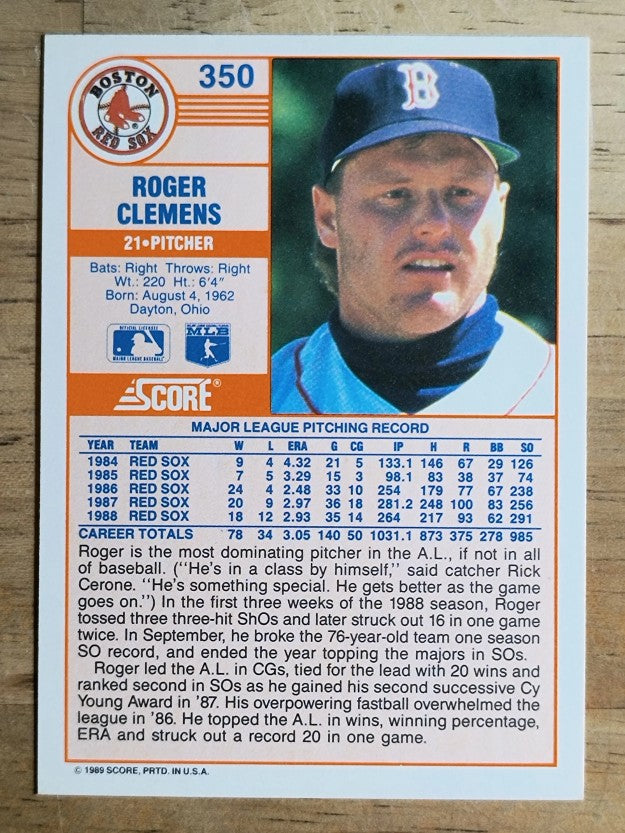 1989 Score #350 Roger Clemens COR/78 career wins