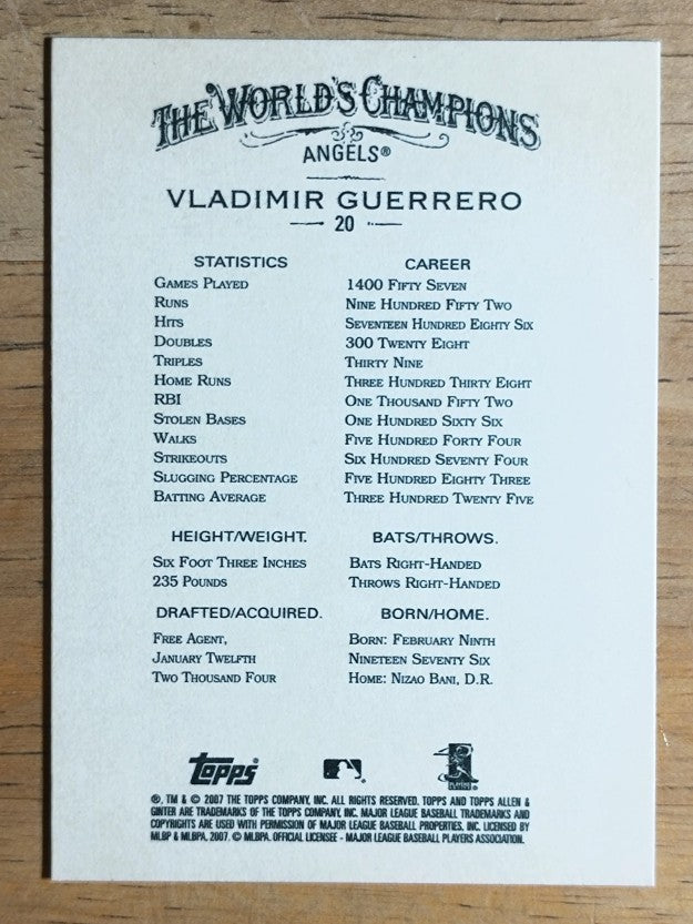 2007 Topps Allen and Ginter #20 Vladimir Guerrero