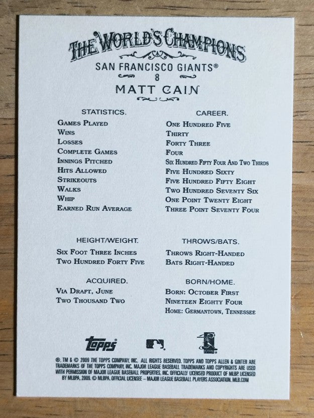 2009 Topps Allen and Ginter #8 Matt Cain