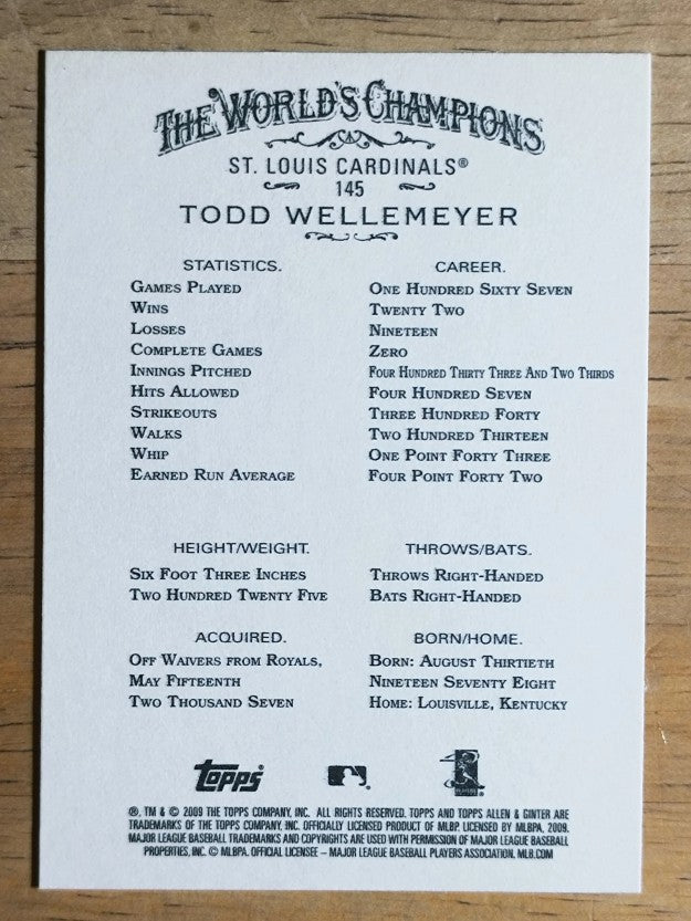 2009 Topps Allen and Ginter #145 Todd Wellemeyer