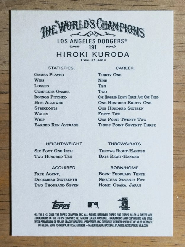 2009 Topps Allen and Ginter #191 Hiroki Kuroda