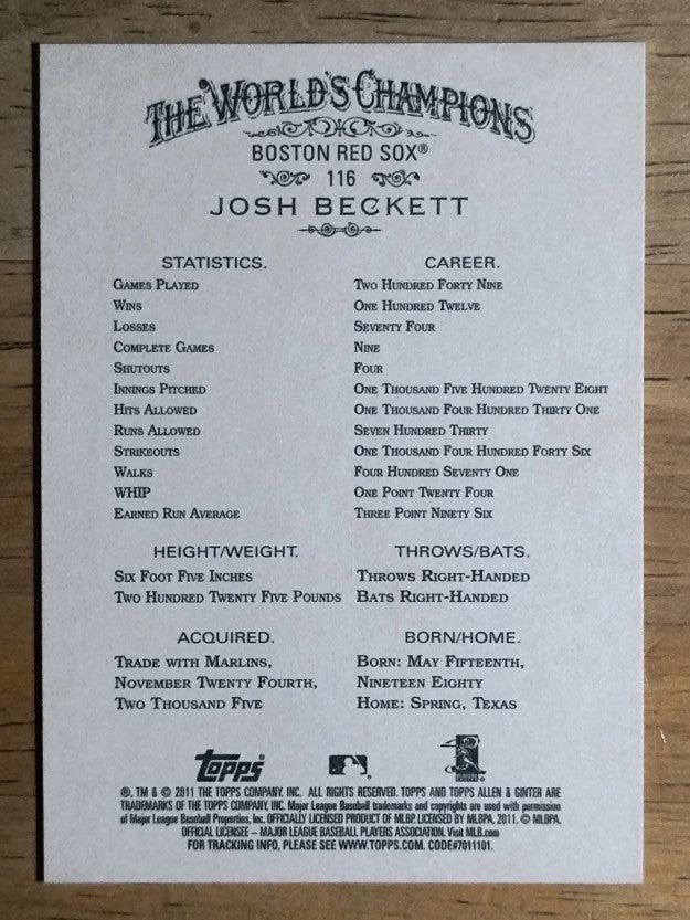 2011 Topps Allen and Ginter #116 Josh Beckett