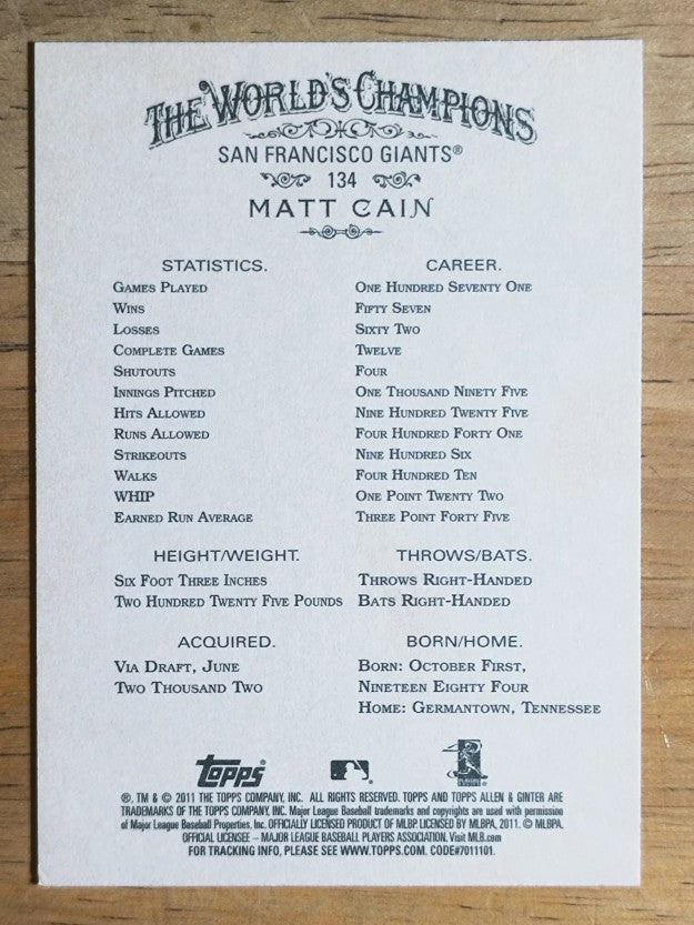2011 Topps Allen and Ginter #134 Matt Cain