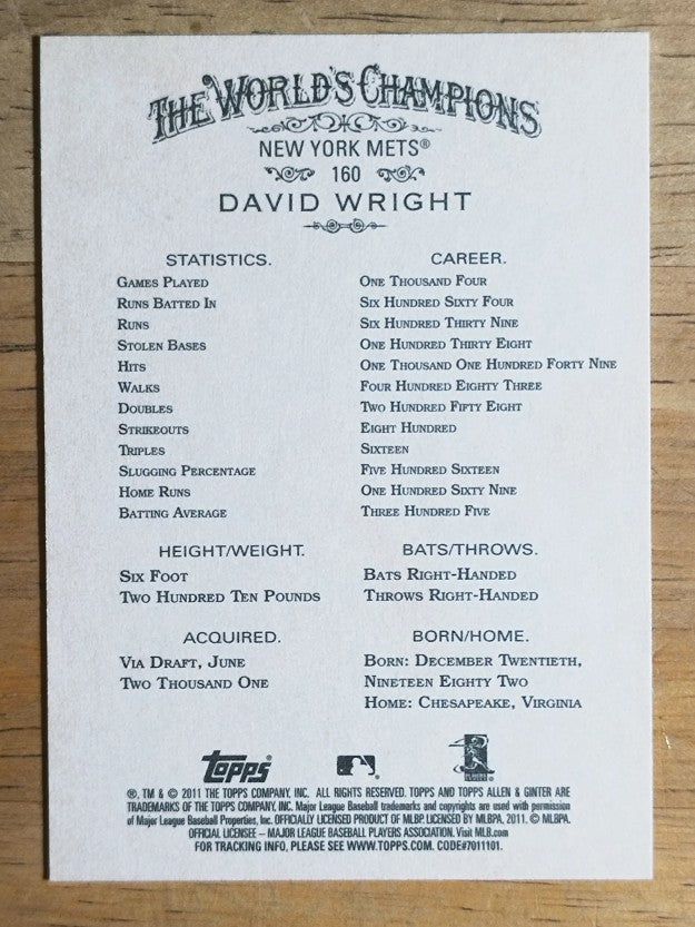 2011 Topps Allen and Ginter #160 David Wright