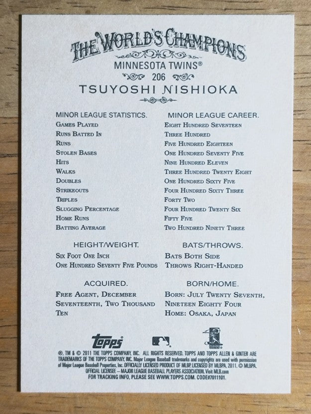 2011 Topps Allen and Ginter #206 Tsuyoshi Nishioka RC